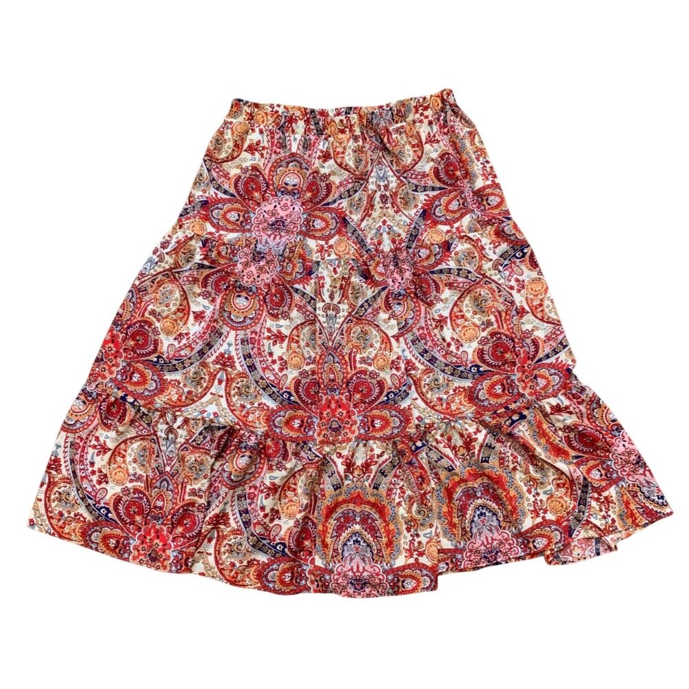 Boho‎ Paisley Print Elastic Waist Tiered Skirt Multi-Color Lightweight Flowing